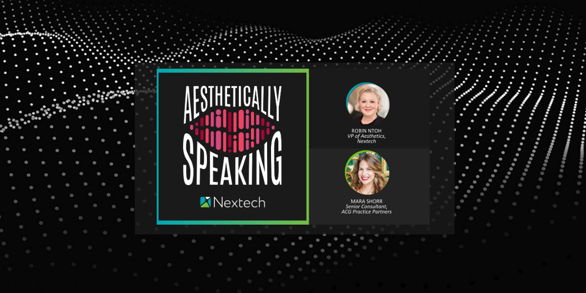 Aesthetically Speaking podcast logo with photos of Robin Ntoh and Mara Shorr on dotted black background.