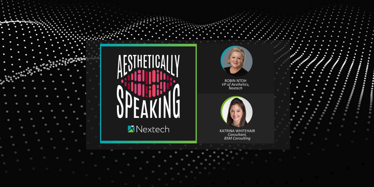 Aesthetically Speaking podcast logo with photos of Robin Ntoh, VP of Aesthetics, and Katrina Whitehair, Consultant.
