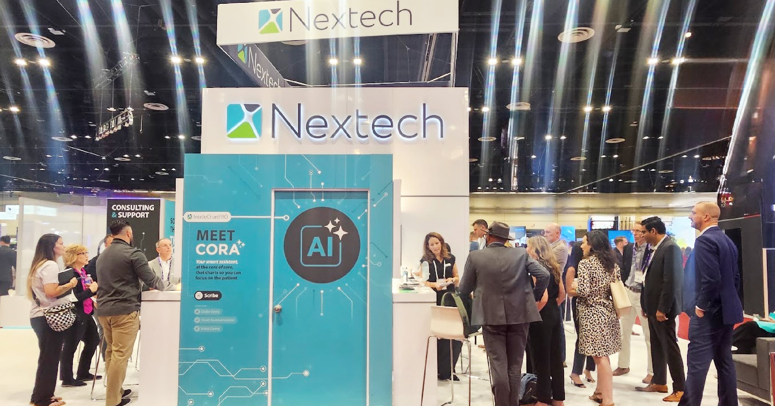 Conference booth for Nextech with people gathered around a display featuring AI and smart assistant info.