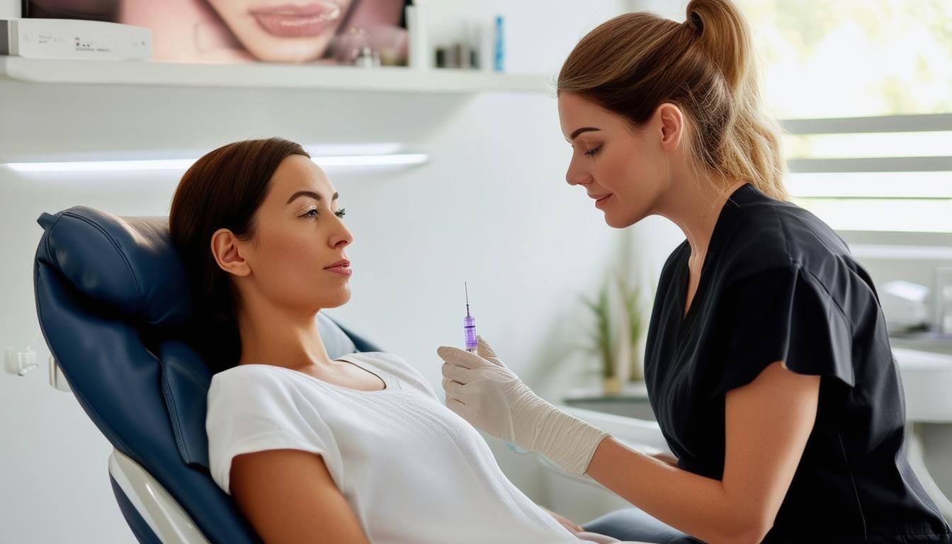 Aesthetician wearing gloves prepares to give a Botox injection to a patient seated in a reclined chair.