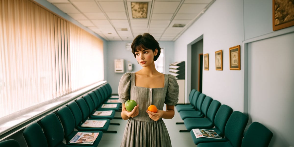 Woman in gray dress holding a green apple and an orange in a waiting room with rows of green chairs.
