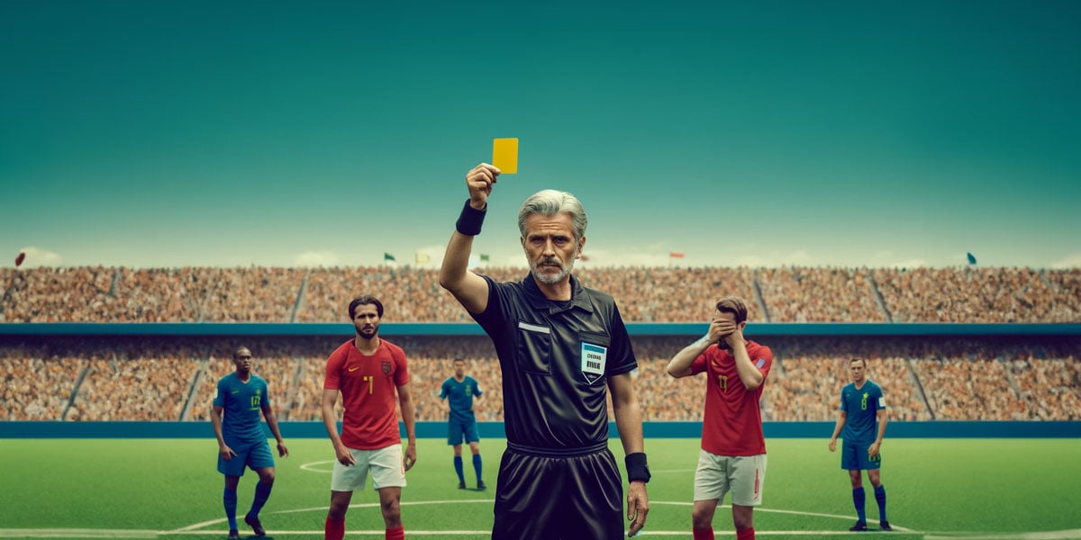 Soccer referee in black shows a yellow card to a player in red on the field with players in blue behind.