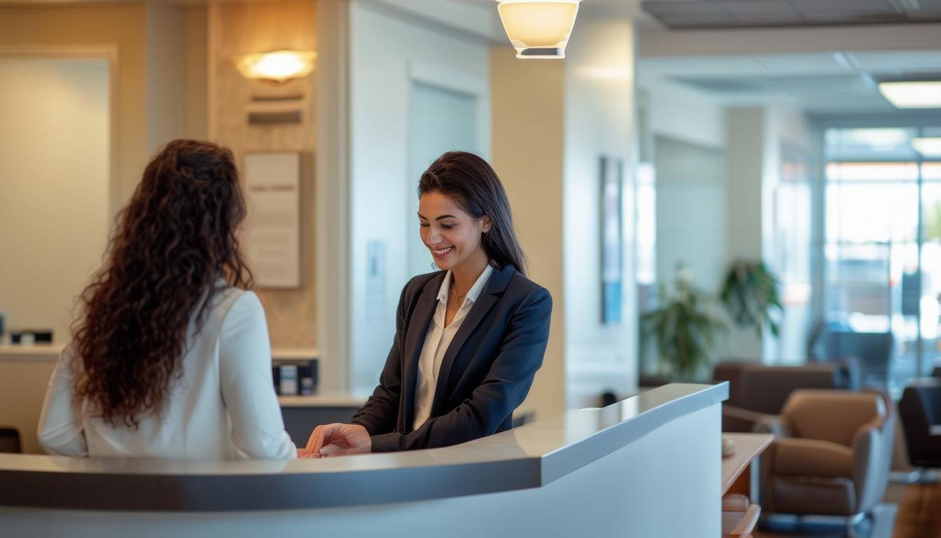 Receptionist in business attire smiling and assisting a woman at a clinic's front desk.