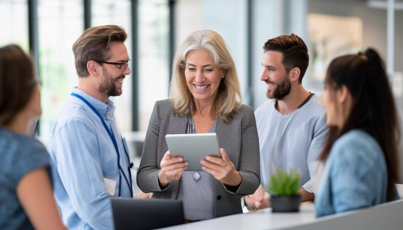 Smiling diverse colleagues gathered around a table looking at a tablet in a bright office.