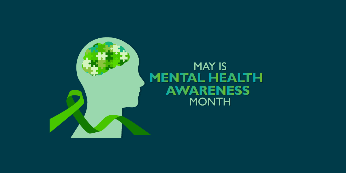 Green puzzle brain inside a silhouette with a green ribbon and text May is Mental Health Awareness Month.