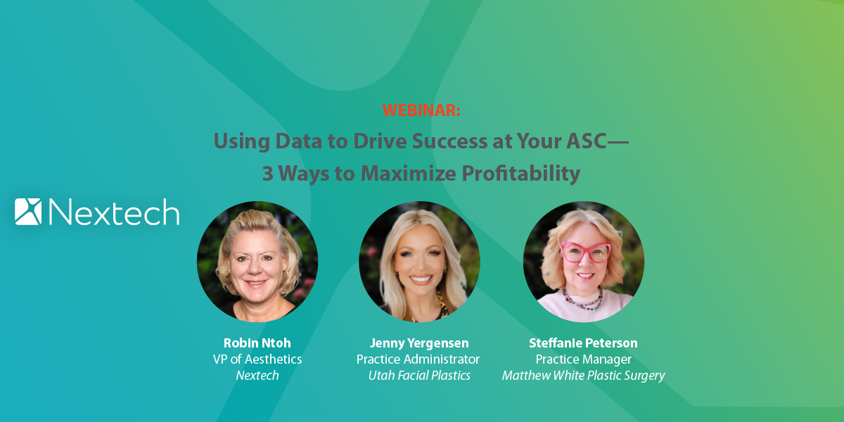 Webinar titled Using Data to Drive Success at Your ASC with three speakers and Nextech logo on green-blue background.