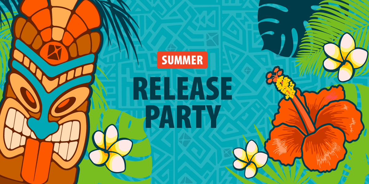 Colorful tiki mask, tropical flowers, and leaves with text Summer Release Party on blue background.