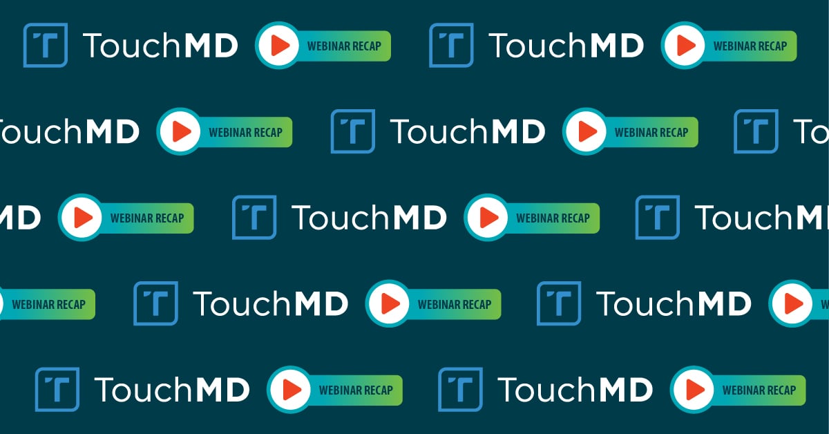 Repeated pattern of TouchMD logo and play button icons with webinar recap text on dark background.