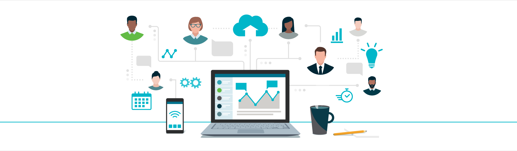 Laptop with data charts connected to diverse people and icons of cloud, mobile, and analytics.