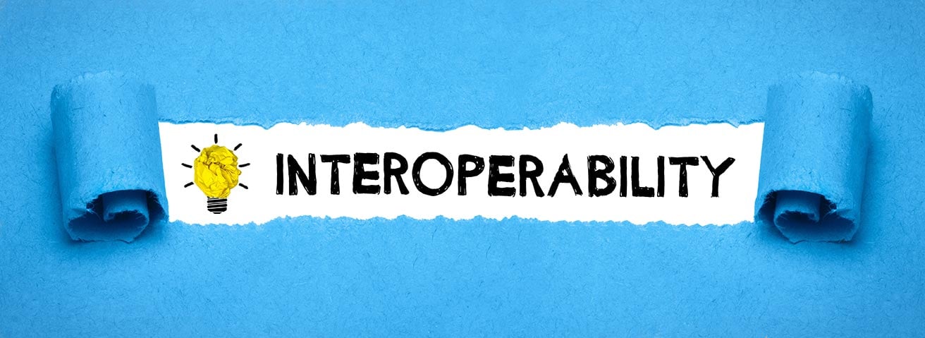 Blue textured paper torn to reveal a yellow light bulb and the word 'INTEROPERABILITY' in black.