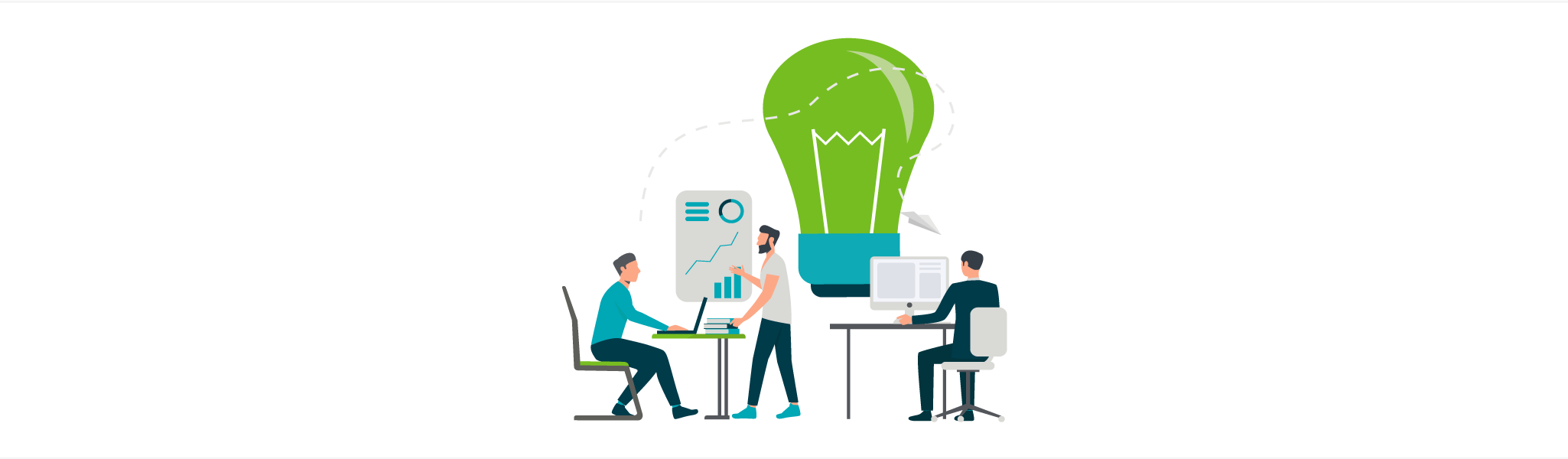 Three people working with laptops and a desktop under a large green lightbulb symbolizing ideas.