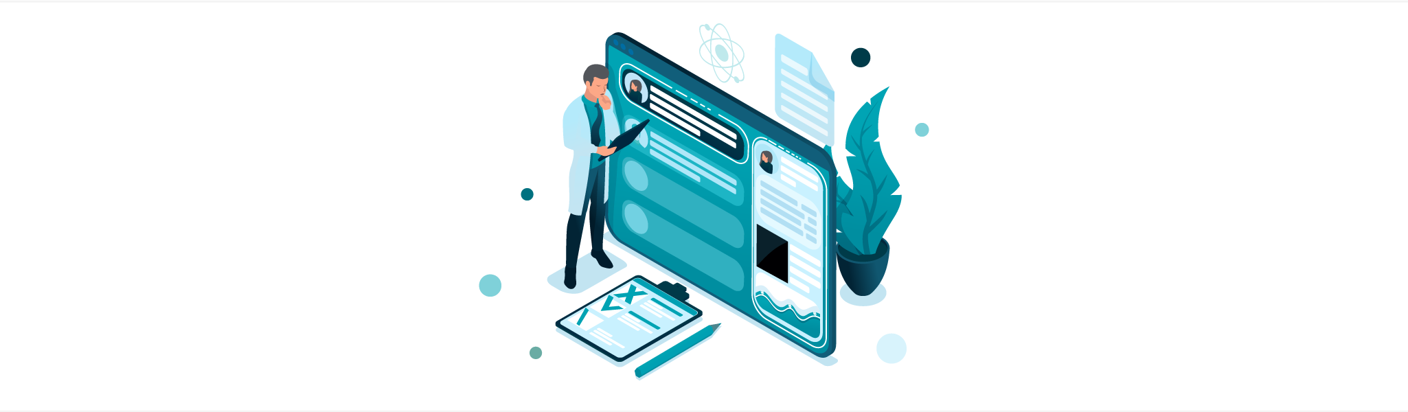 Illustration of a man in a lab coat reviewing digital medical records on a large screen and clipboard.