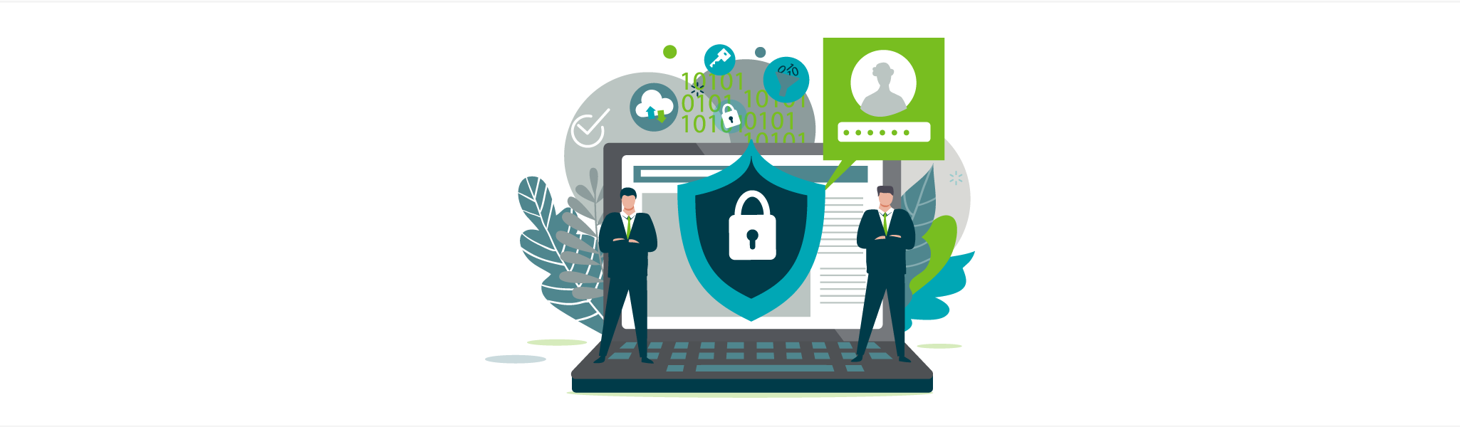 Two men in suits stand with a locked shield icon on a laptop symbolizing data security and access control.