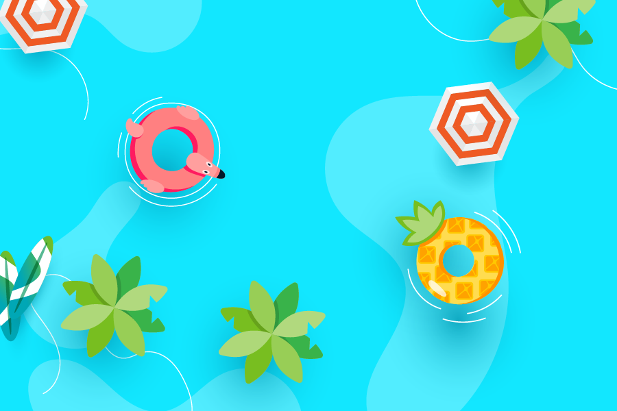 Bright blue pool with flamingo and pineapple floaties, umbrellas, and green tropical leaves.