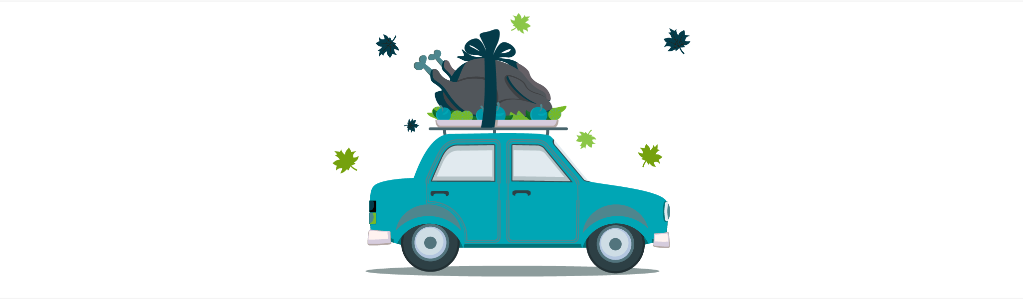 Blue car with a large wrapped turkey on a platter tied to its roof with leaves falling around it.