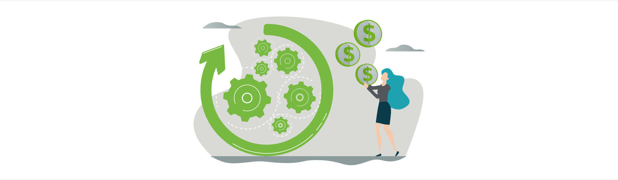 Woman with blue hair holding dollar coins near rotating green gears inside a circular arrow.