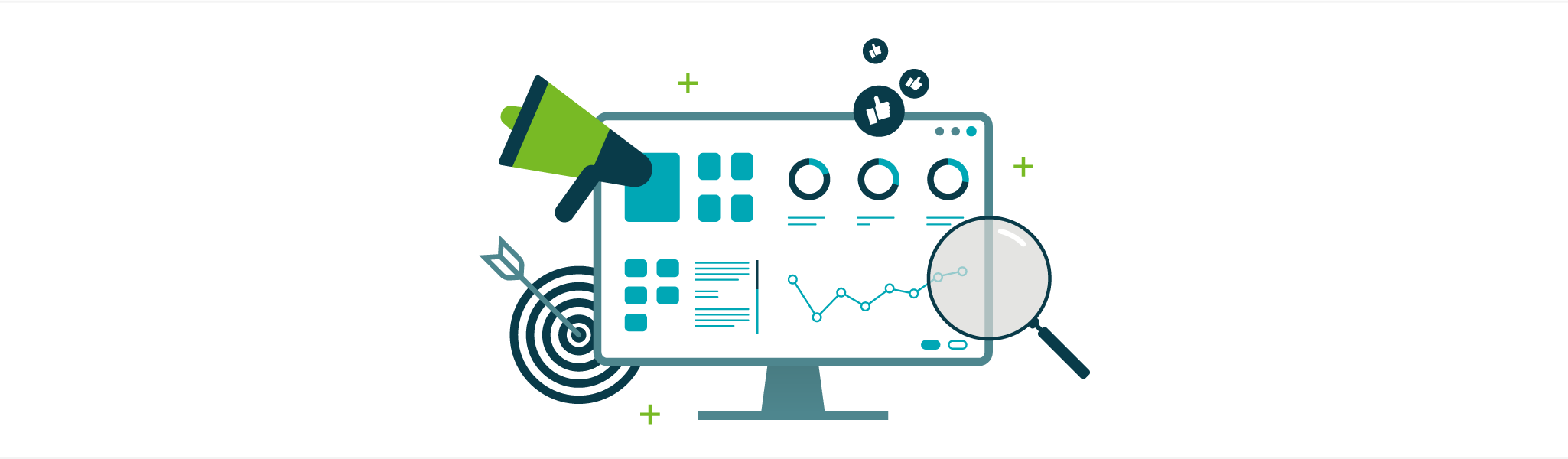 Desktop monitor displaying charts and data with a megaphone, target with arrow, and magnifying glass.