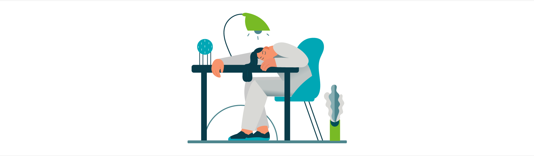 Person with dark hair sleeping on desk chair with a lamp and potted plant nearby.