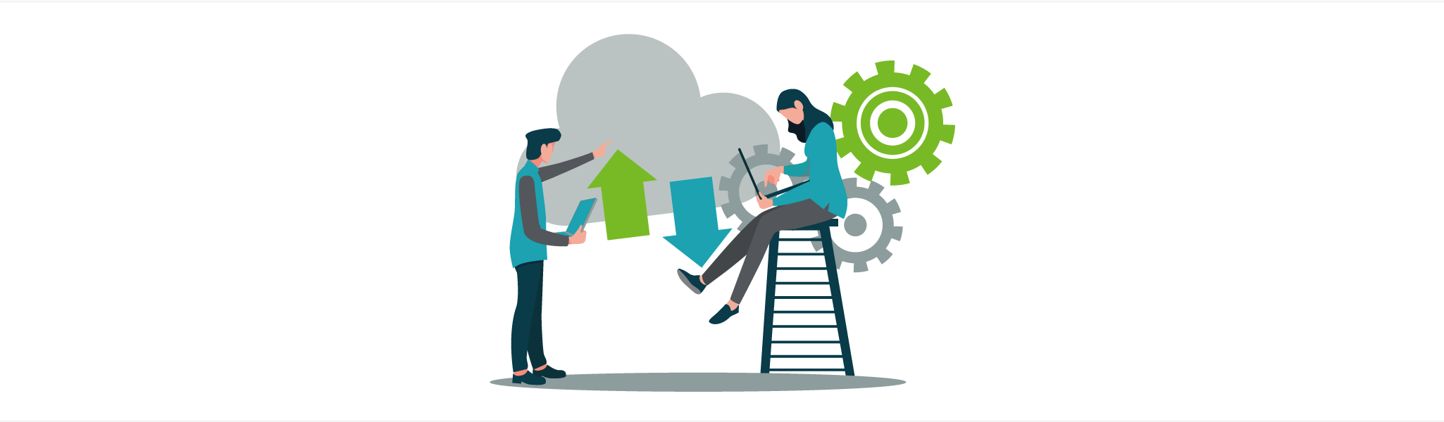 Illustration of man and woman interacting with cloud storage icons and gears representing cloud computing.