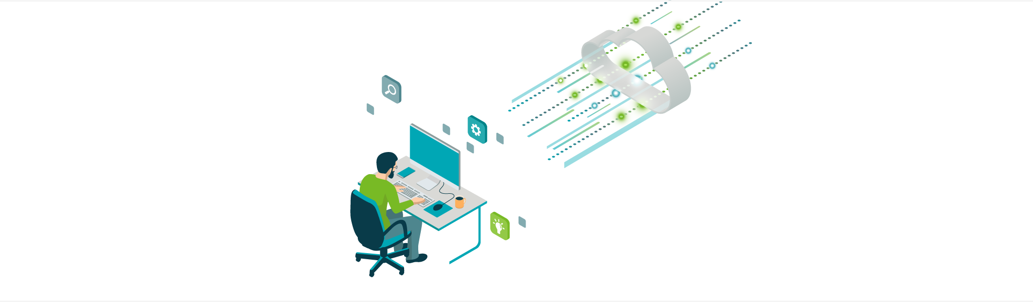 Man sitting at desk with computer, interacting with digital cloud and tech icons floating above.