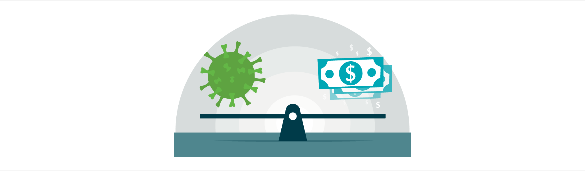 A scale balancing a green virus symbol on one side and dollar bills on the other side.