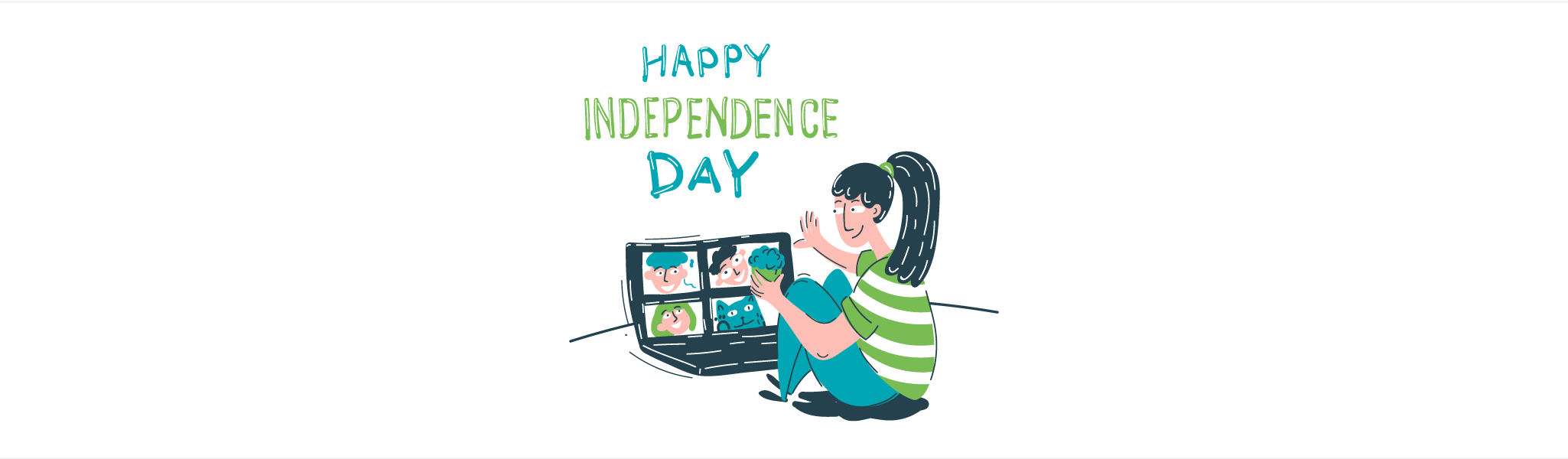 Illustration of a girl video chatting with friends on a laptop under text 'Happy Independence Day'.