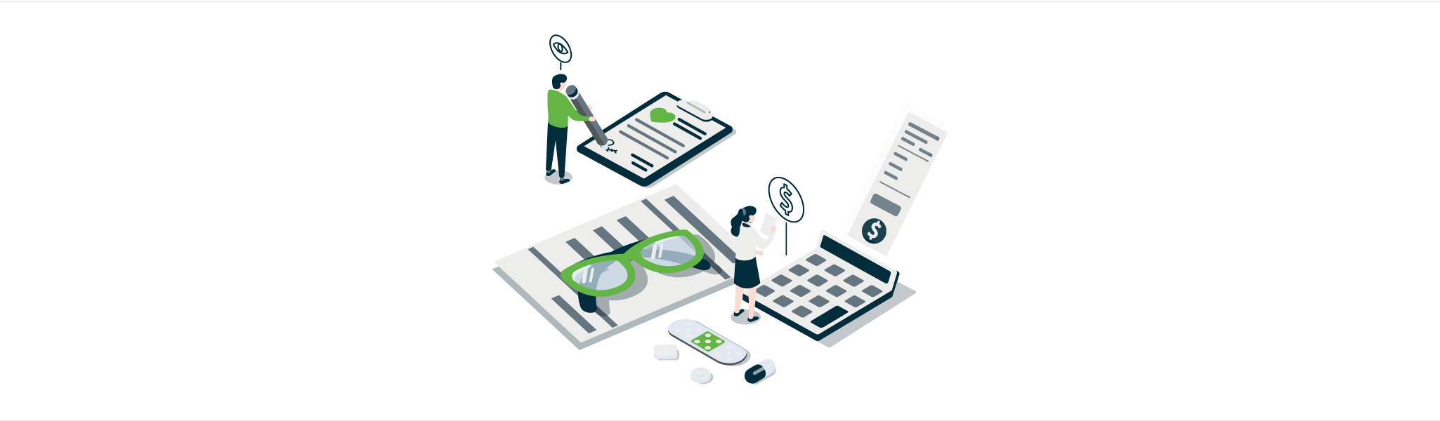 Illustration of two people with documents, a calculator, glasses, and pills symbolizing financial and medical review.