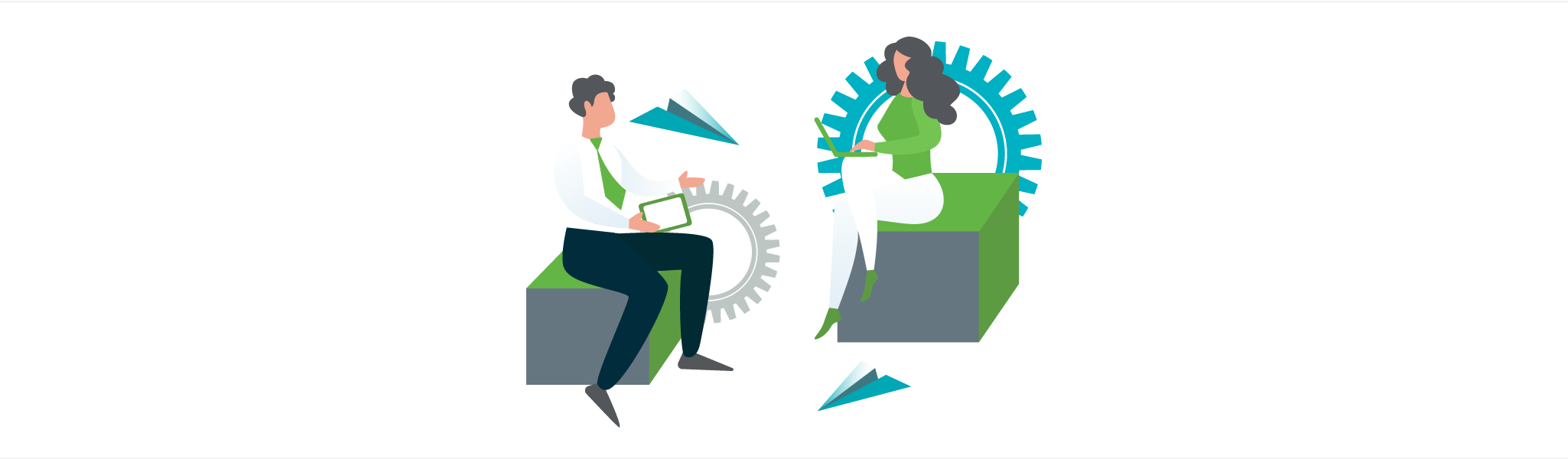 Illustration of two people sitting on blocks with gears behind, exchanging paper planes and using laptops.