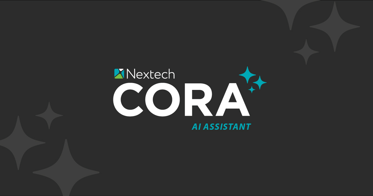 Nextech CORA AI Assistant logo with a dark background and blue sparkle icons.