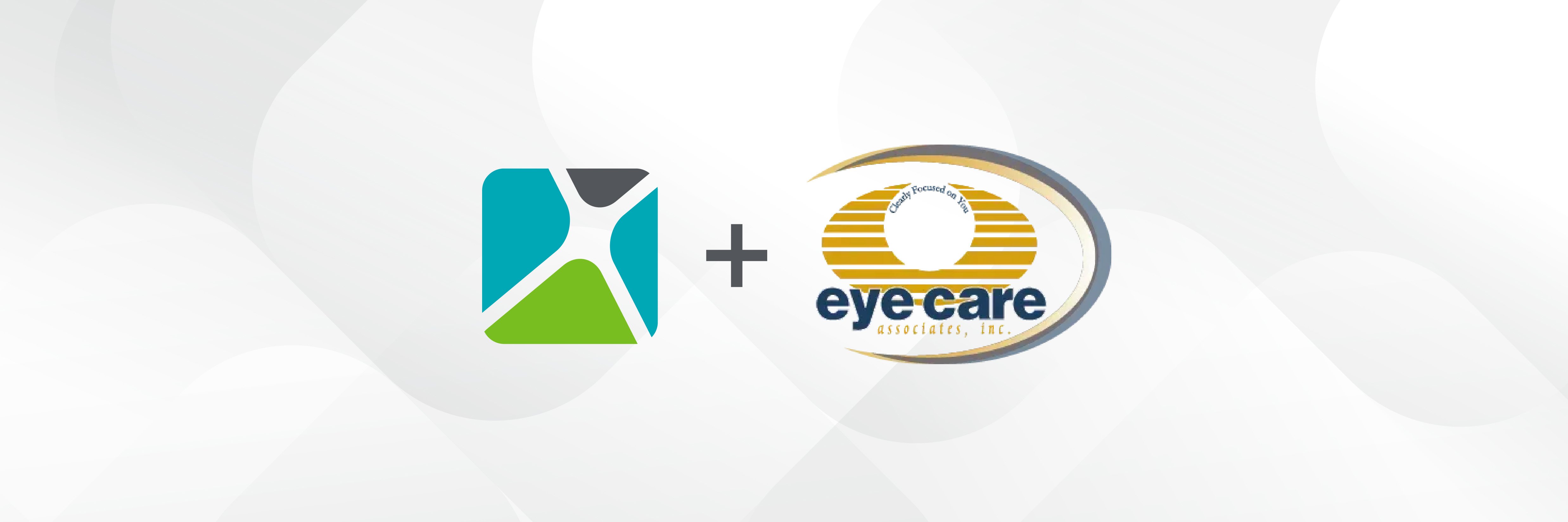 Two logos side by side with a plus sign between them on a light abstract background.