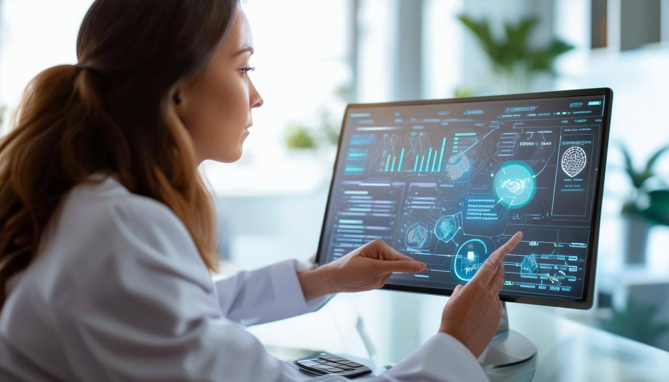 Woman in white coat analyzes medical data with glowing digital charts on a desktop monitor.