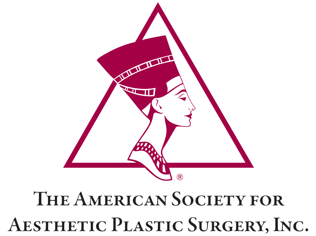 Logo of The American Society for Aesthetic Plastic Surgery with a stylized Egyptian queen profile inside a triangle.