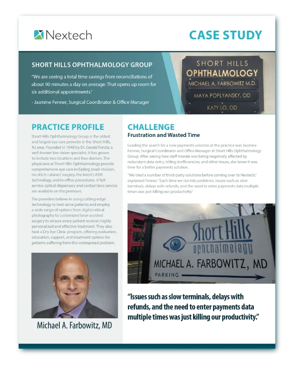 Case study of Short Hills Ophthalmology Group outlining practice profile, challenge, and quotes from Michael Farbowitz, MD.