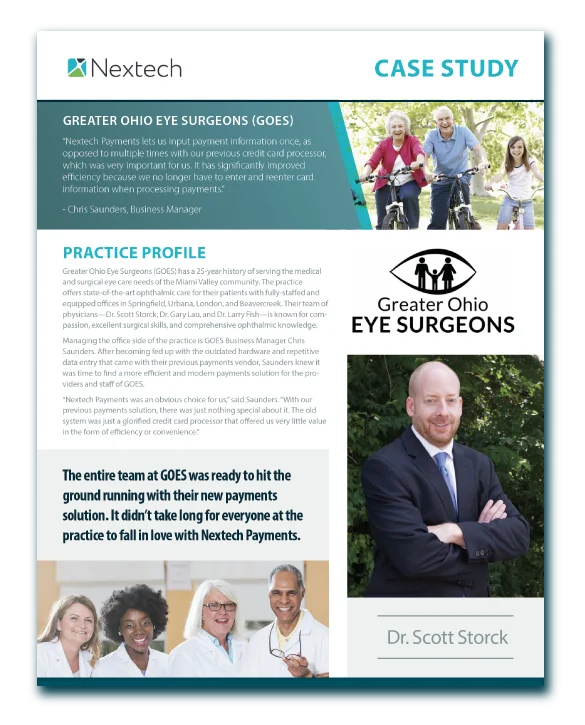 Case study page on Greater Ohio Eye Surgeons with text, logos, Dr. Scott Storck portrait, and group of four medical staff.