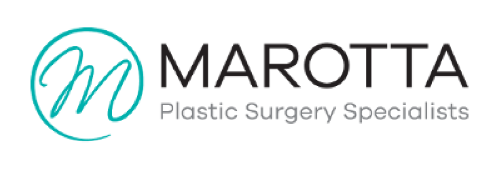Marotta logo with a teal cursive M in a circle and text 'Marotta Plastic Surgery Specialists'.