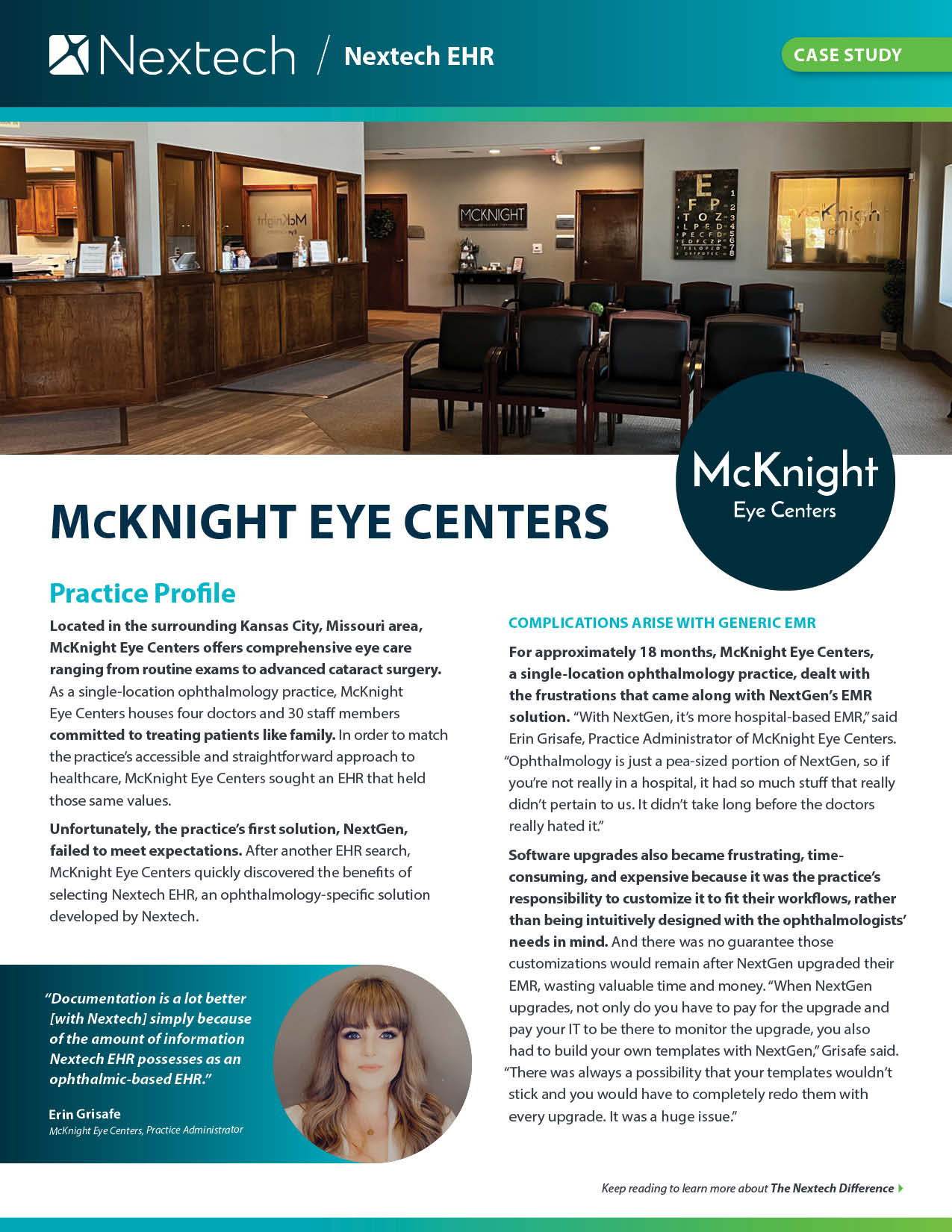Waiting area and reception of McKnight Eye Centers with text about their practice profile and EHR experience.