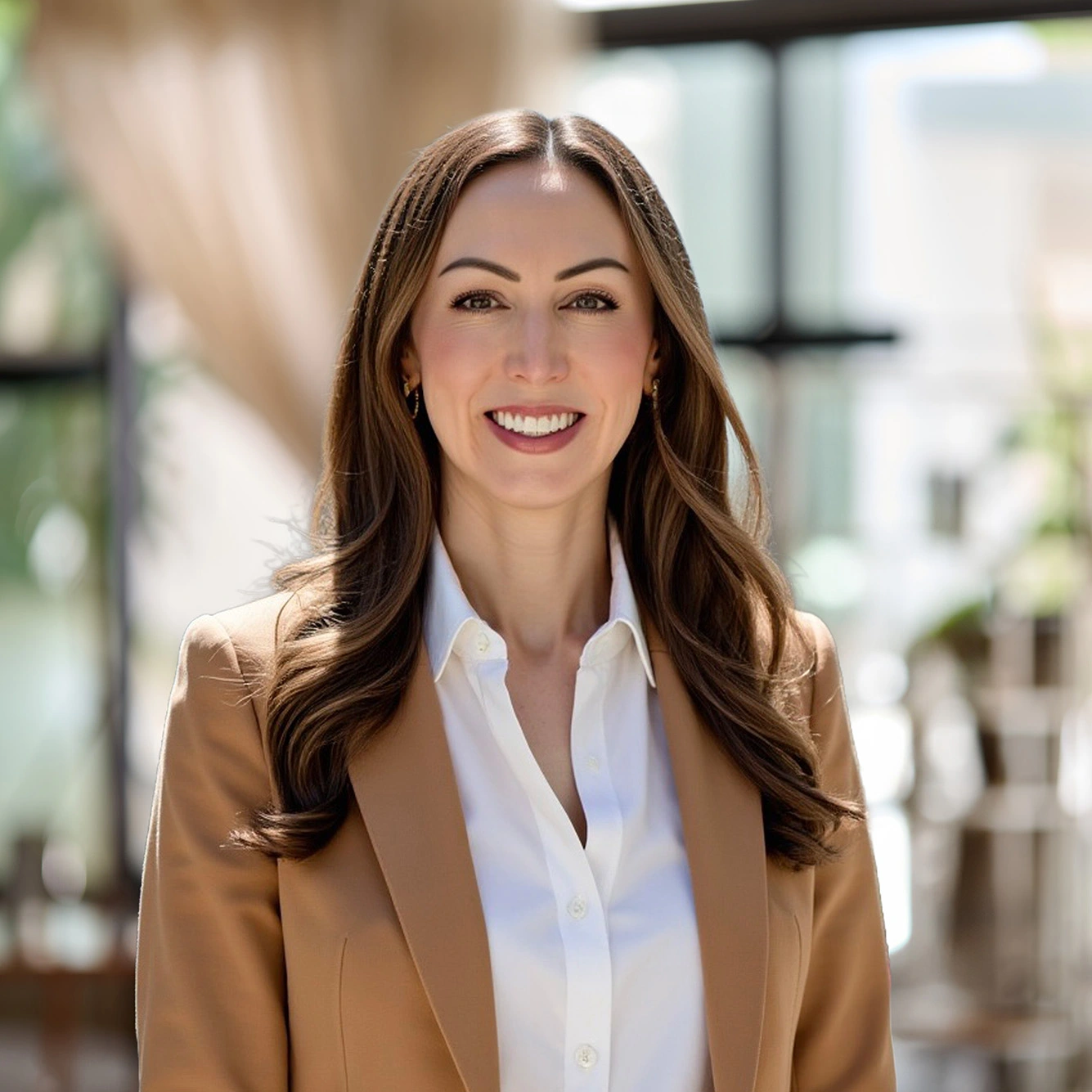 Smiling woman with long brown hair wearing a white shirt and tan blazer in a bright indoor setting.