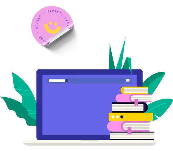 Hero Illustration with PC, books & Sticker smiley Experts digitaux