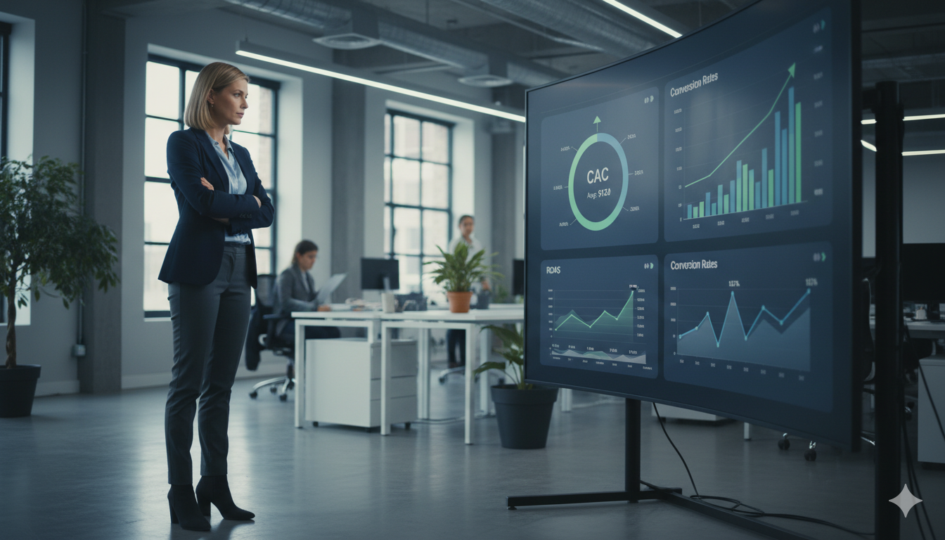 Acquisition Manager en séance d'analyse des KPI et du ROAS