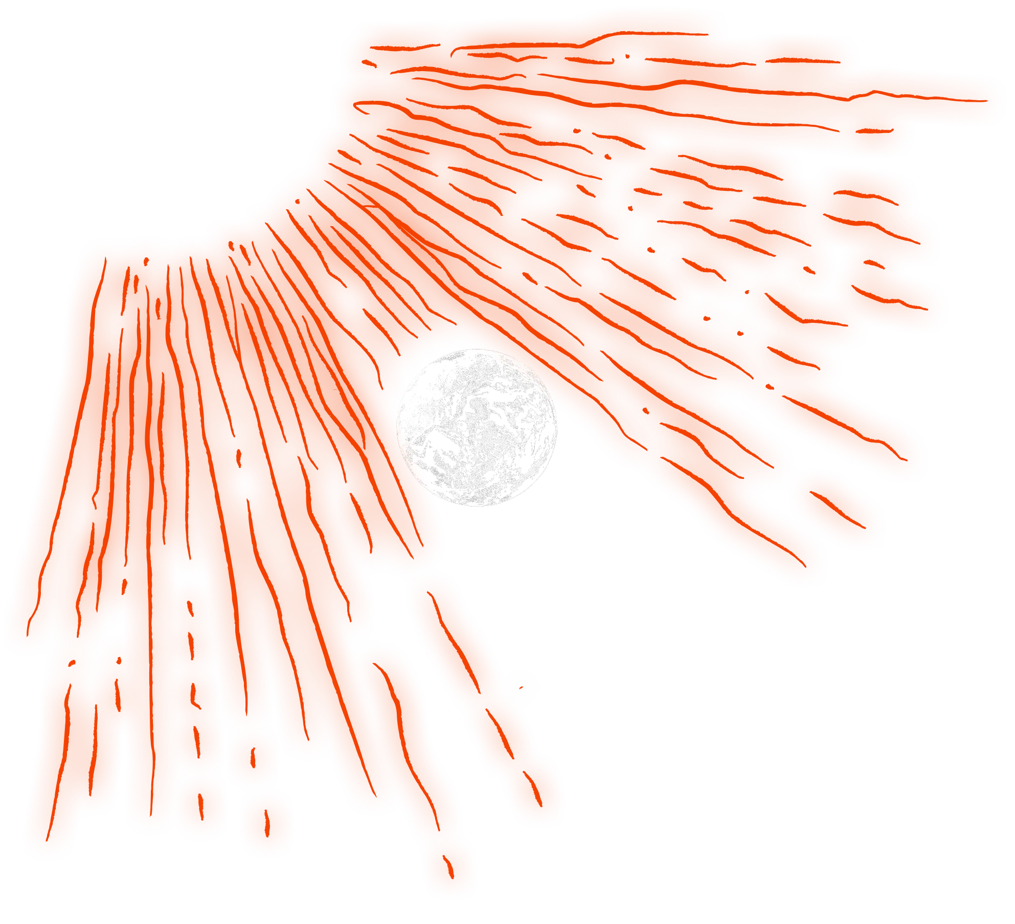 Black and white Earth sphere with wide, irregular bright orange flare shapes extending from its sides on a black background.