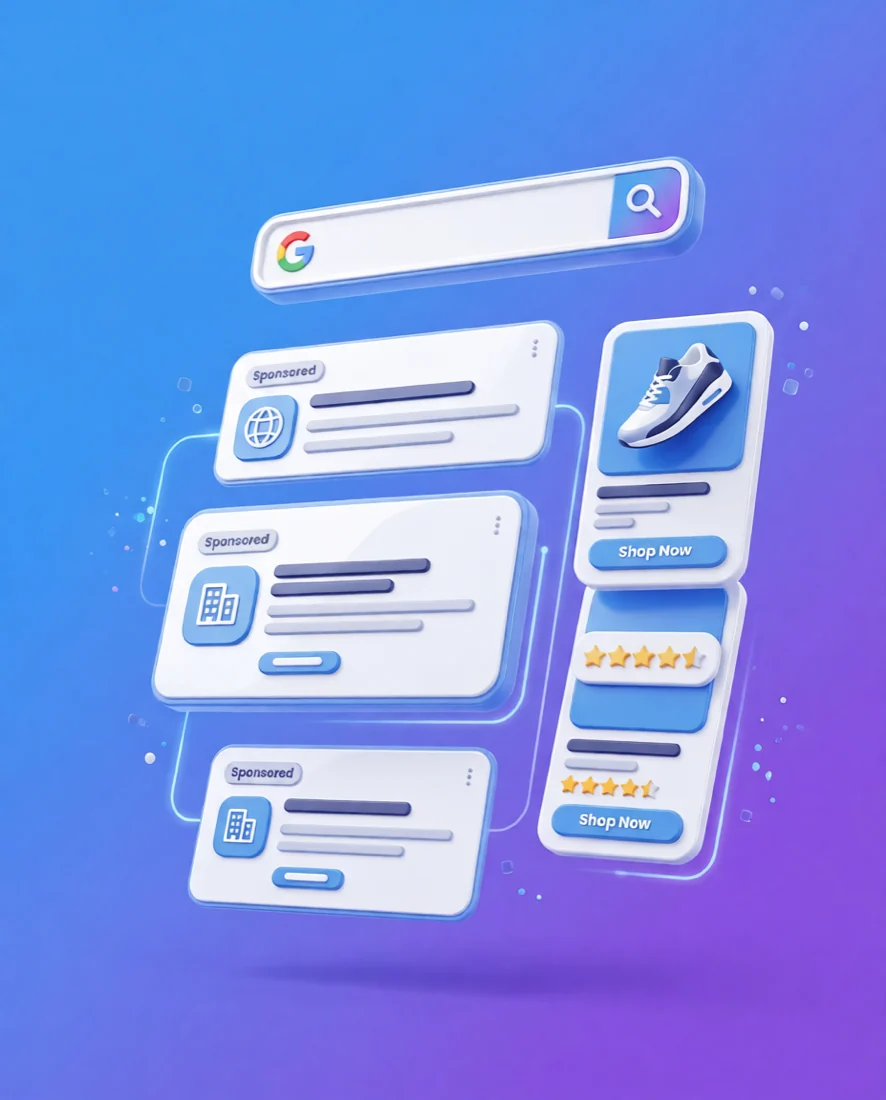 Illustration: Google search results with sponsored ads and a shopping product card