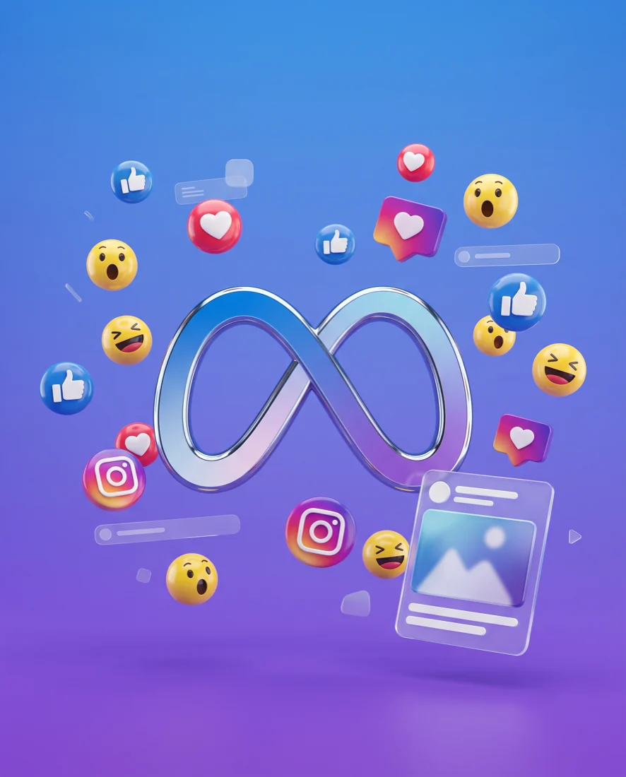 Illustration: the Meta logo surrounded by Instagram icons and reaction emojis