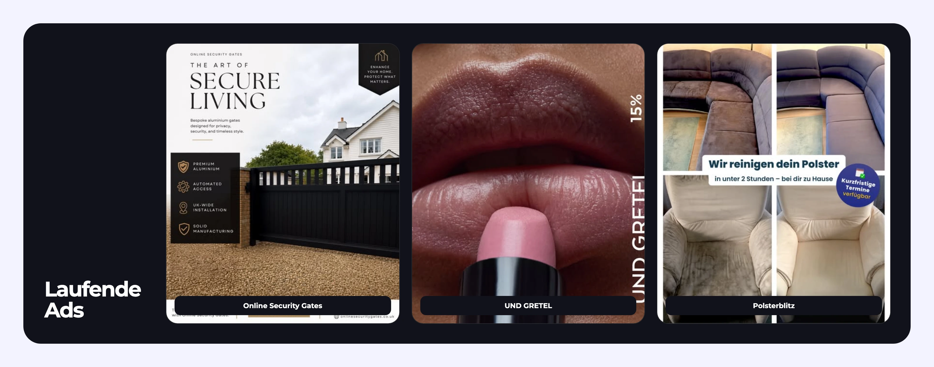Auswahl verschiedener Performance Creatives in Static, Motion und UGC