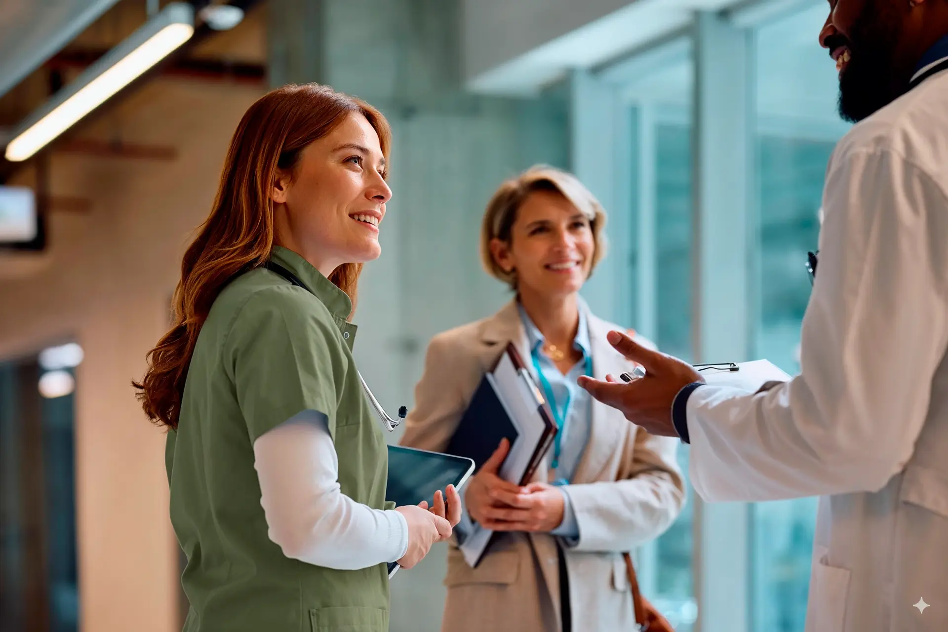 Three healthcare professionals talking in a hospital