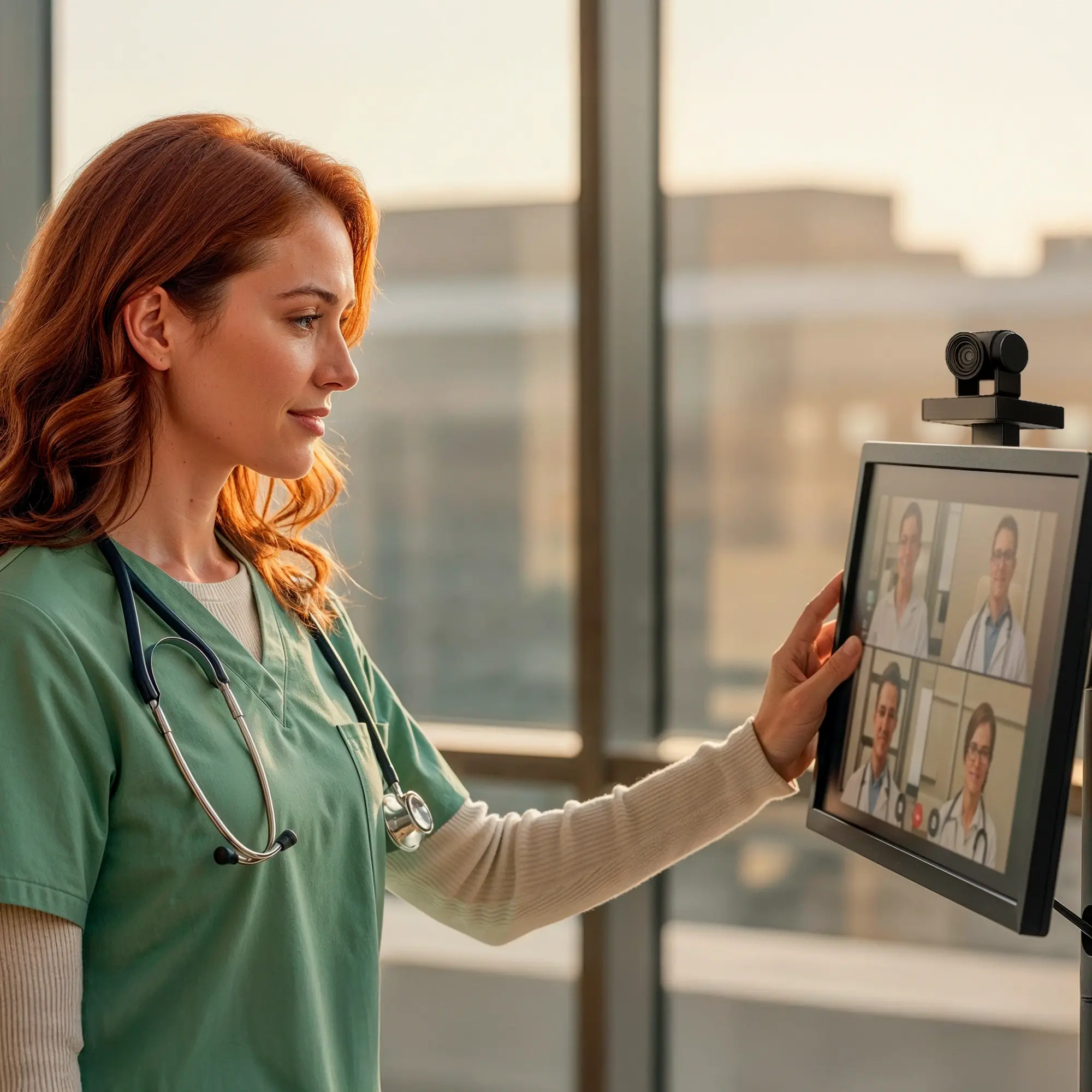 A smiling red-haired nurse wearing an olive green lab coat, in a video conference with other healthcare professionals