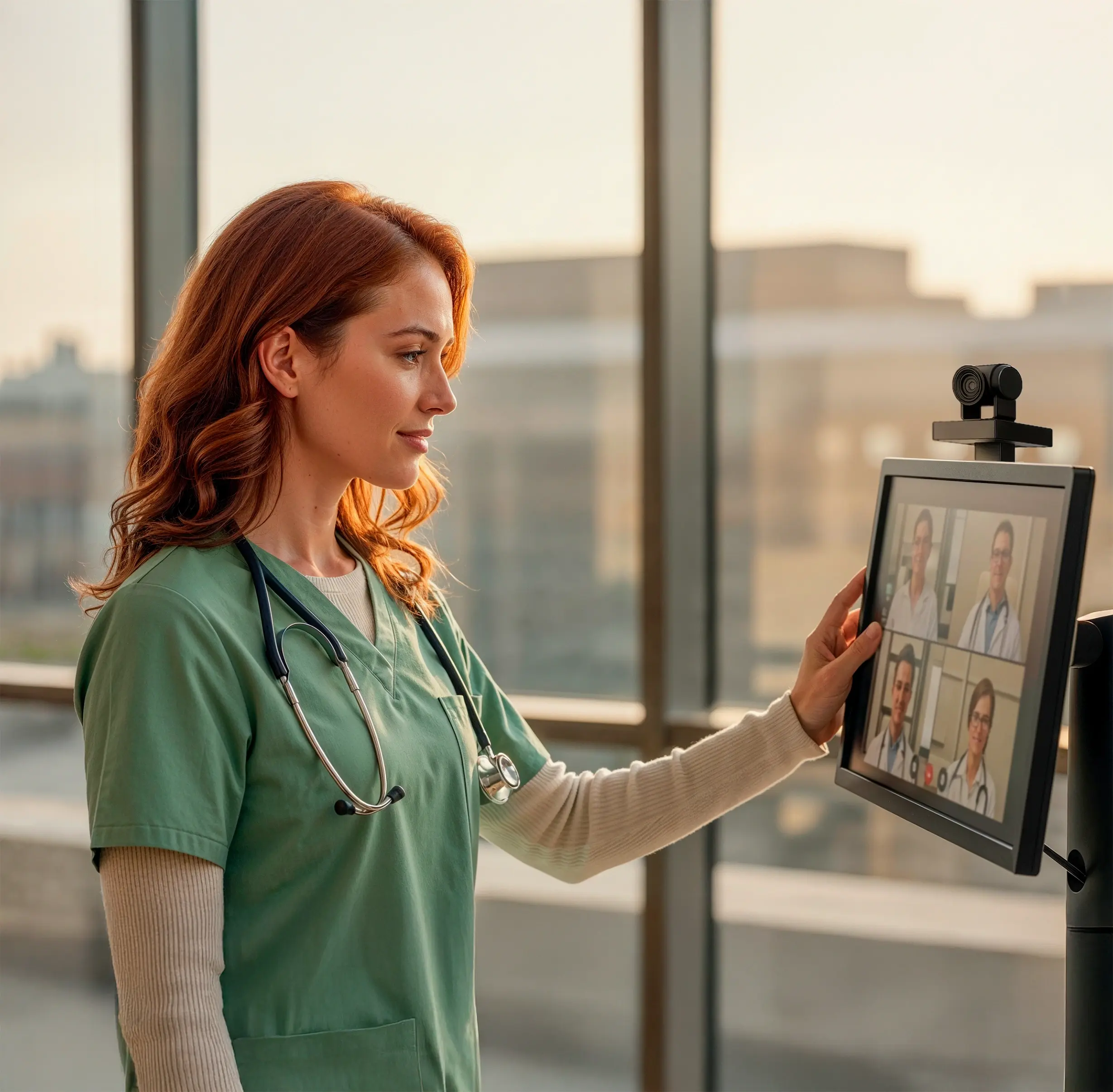 A smiling red-haired nurse wearing an olive green lab coat, in a video conference with other healthcare professionals