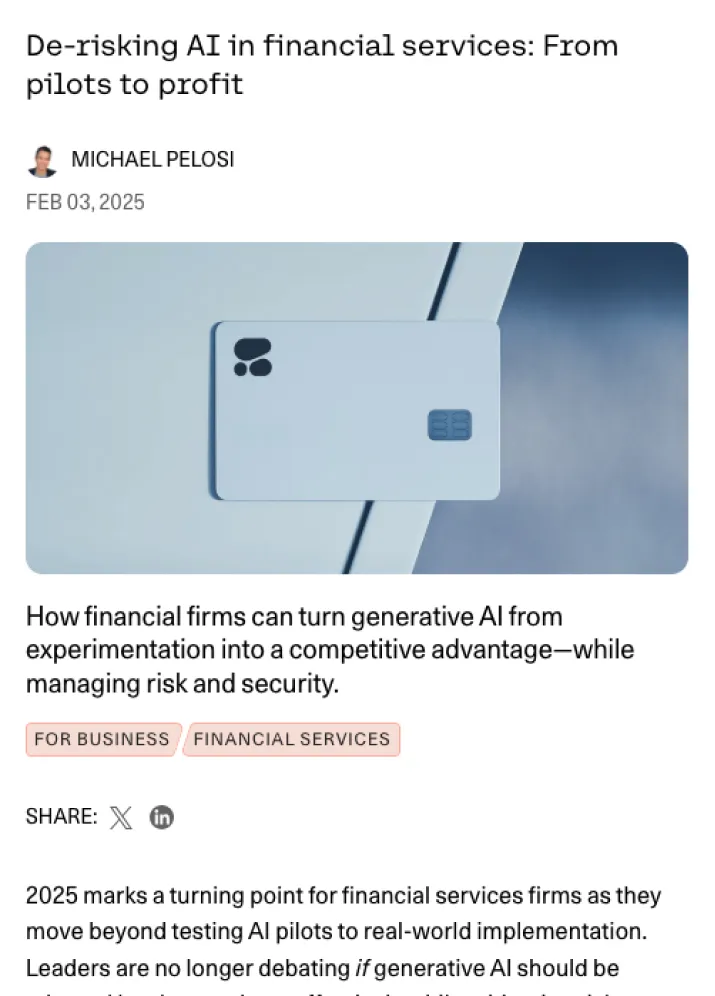 Article titled 'De-risking AI in financial services: From pilots to profit' by Michael Pelosi, dated Feb 03, 2025, with an image of a minimalist credit card on a light blue background.
