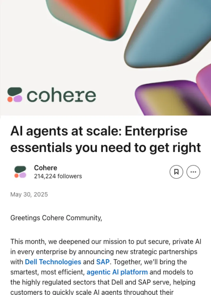 Cohere logo with text about AI agents at scale and enterprise essentials, mentioning partnerships with Dell Technologies and SAP.