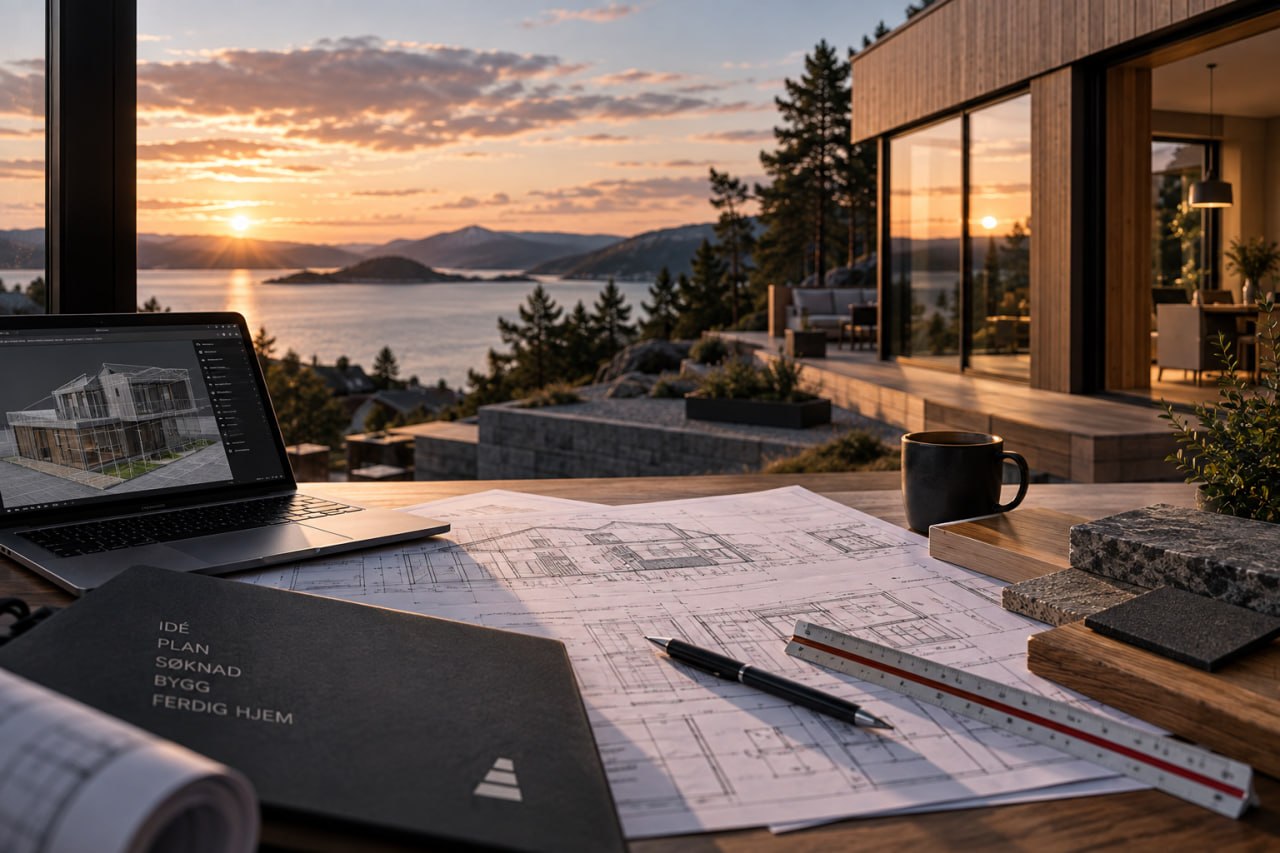 Arbeidsbord med boligtegninger og laptop foran en moderne bolig ved fjorden i solnedgang