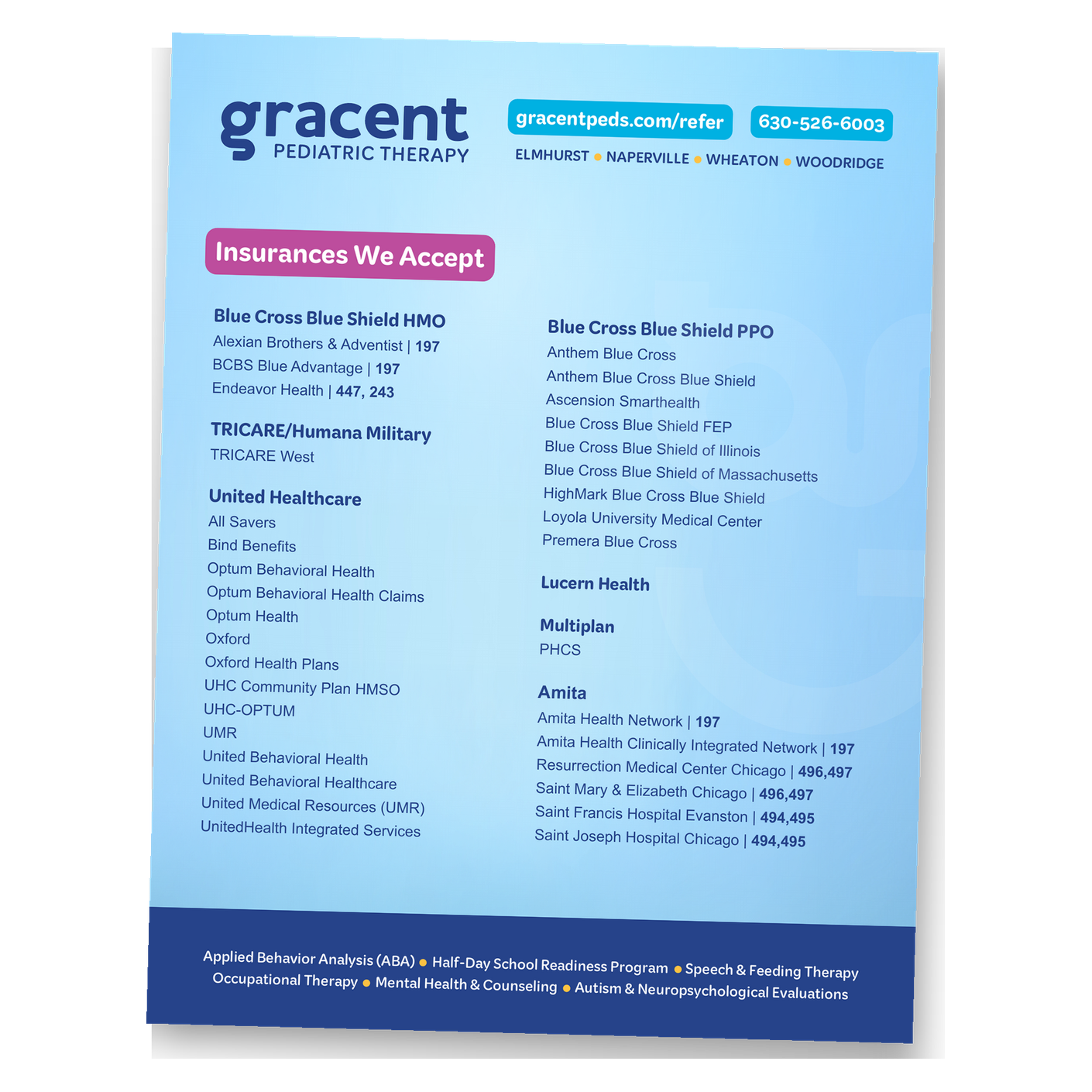 Gracent Pediatric Therapy Illinois accepted insurance providers